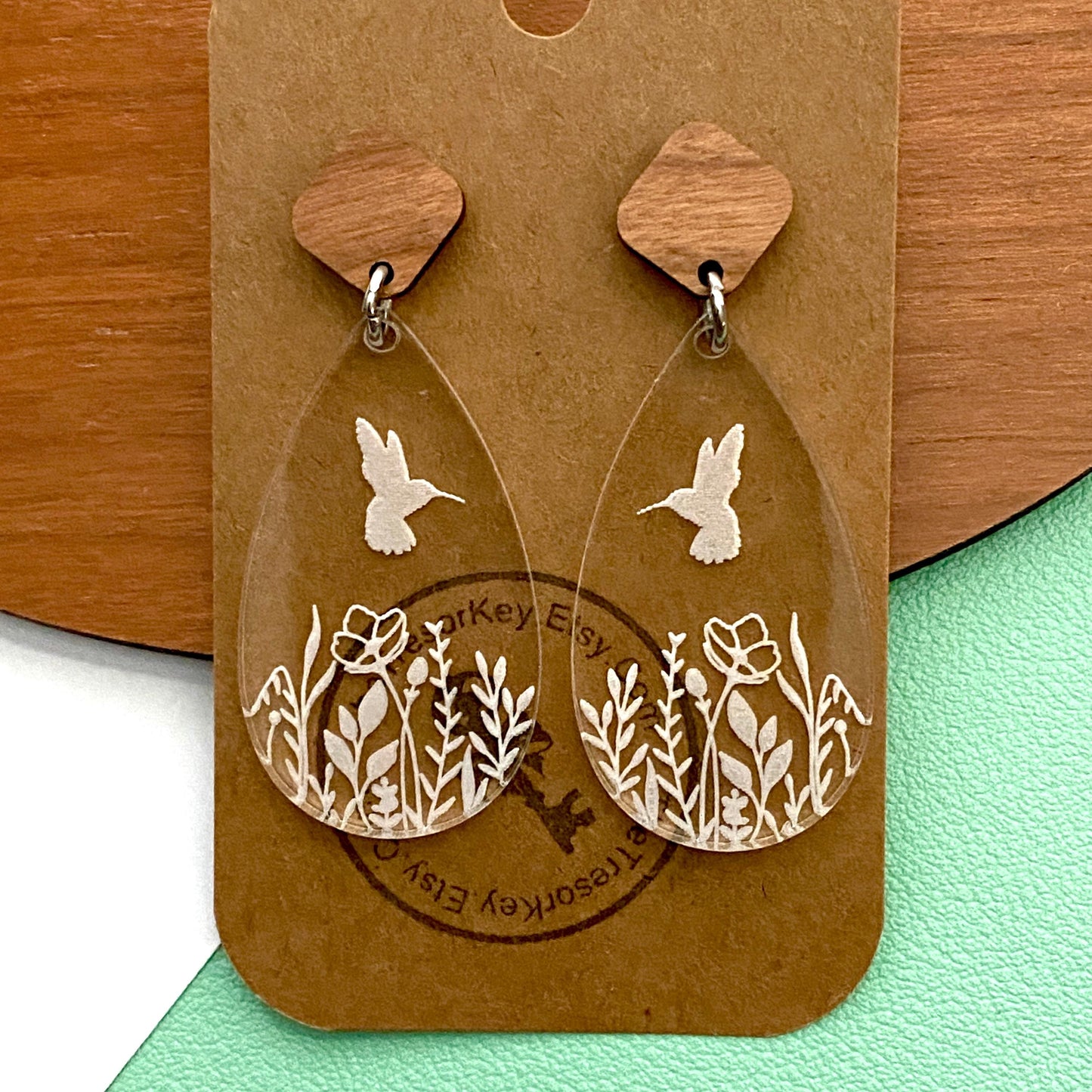 Hummingbird Themed Earrings – Clear Engraved Acrylic with Wood & Stainless Steel Posts, Unique Handmade Jewelry