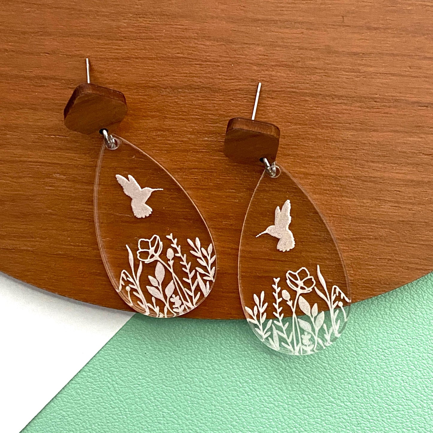 Hummingbird Themed Earrings – Clear Engraved Acrylic with Wood & Stainless Steel Posts, Unique Handmade Jewelry