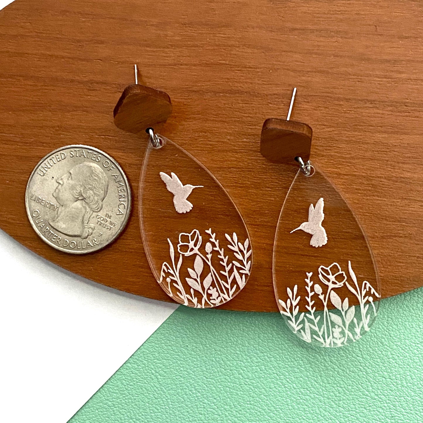 Hummingbird Themed Earrings – Clear Engraved Acrylic with Wood & Stainless Steel Posts, Unique Handmade Jewelry