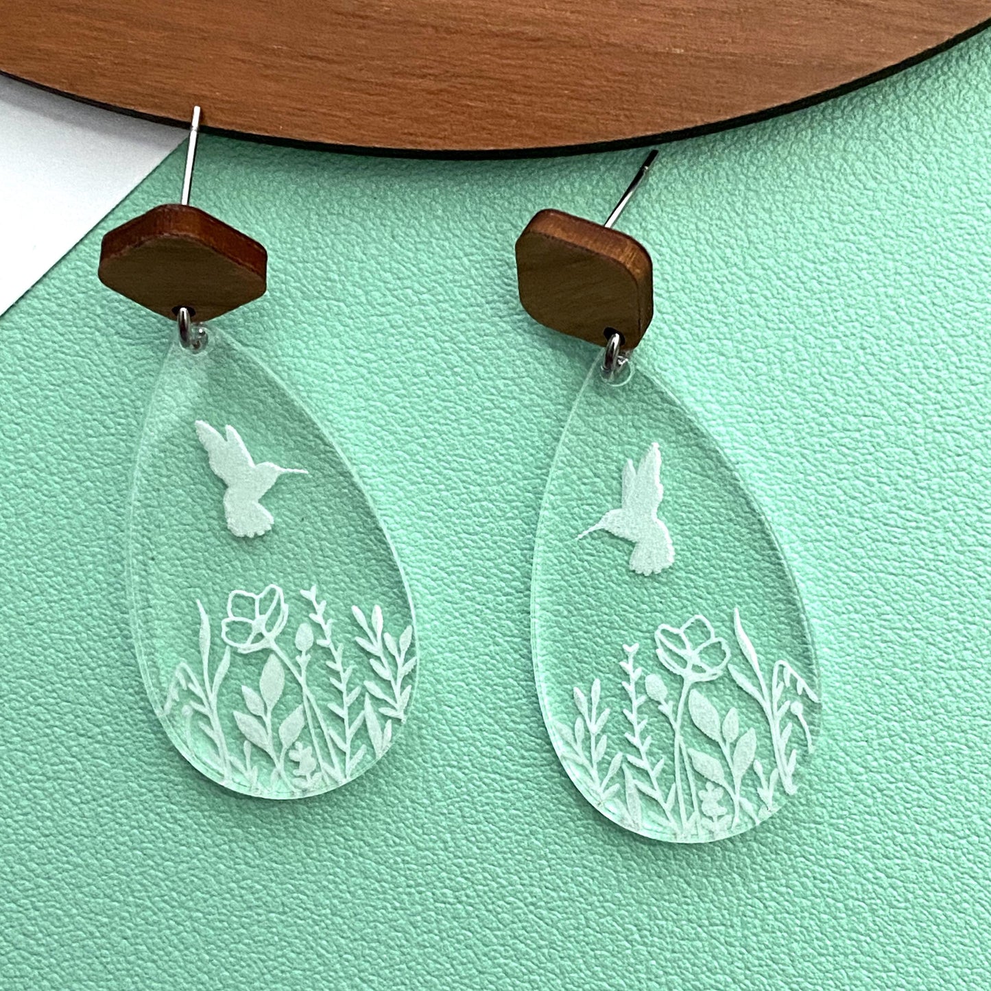 Hummingbird Themed Earrings – Clear Engraved Acrylic with Wood & Stainless Steel Posts, Unique Handmade Jewelry