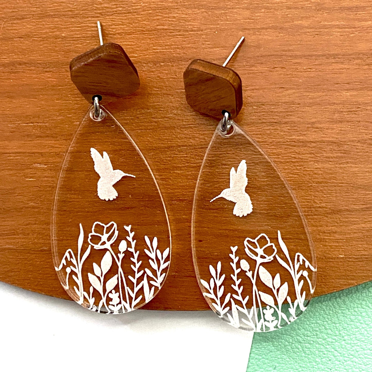 Hummingbird Themed Earrings – Clear Engraved Acrylic with Wood & Stainless Steel Posts, Unique Handmade Jewelry