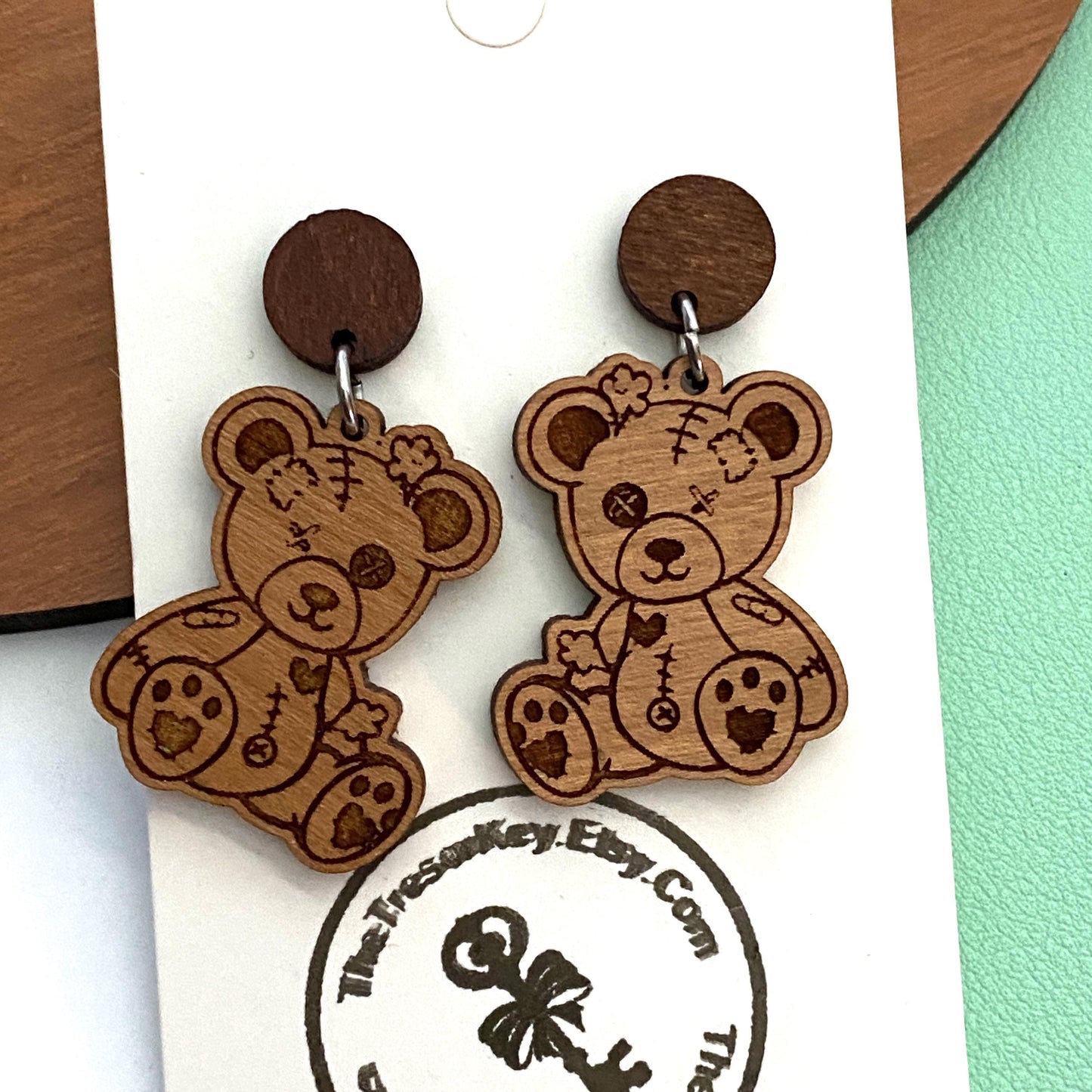 Cute Teddy Bear Dangle Earrings, Distressed Bear Wood Earrings Handmade