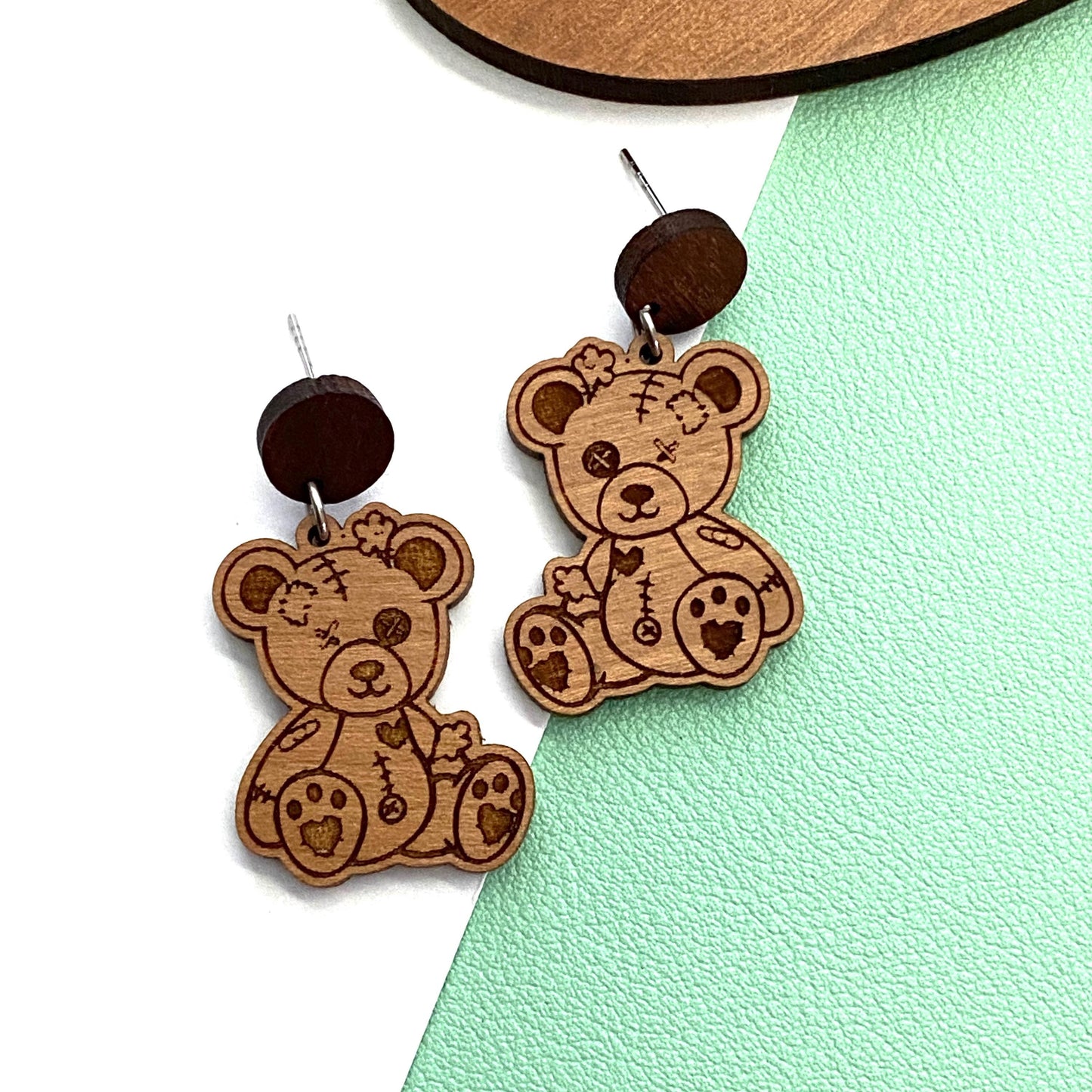 Cute Teddy Bear Dangle Earrings, Distressed Bear Wood Earrings Handmade