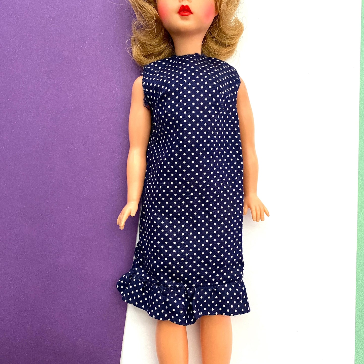 Vintage Tammy Doll Homemade Shift Dress/ House Dress Blue & White Polka Dot Pattern 1960s