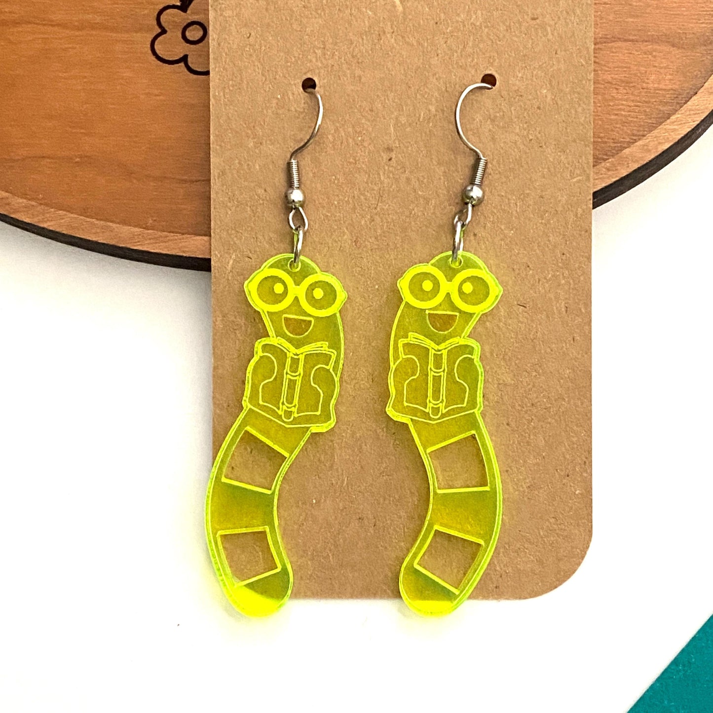 Bookworm Earrings, Fun Fluorescent Green Acrylic Bookworm Earrings for Readers and Book Lovers, Cute Bookish Gifts