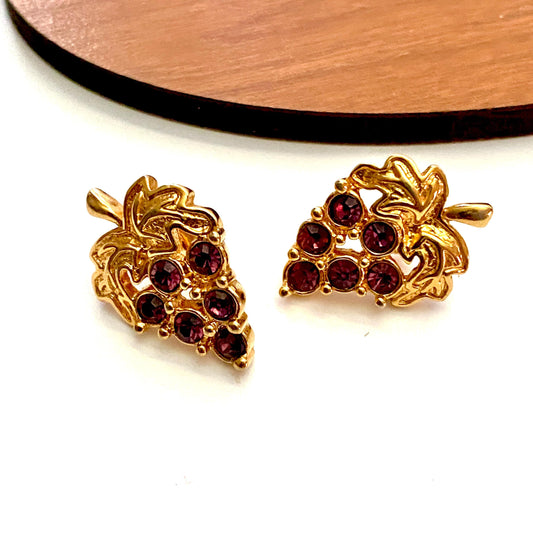 Vintage 1990's Avon Grape Cluster Earrings Gold Tone with Purple Rhinestones 1992