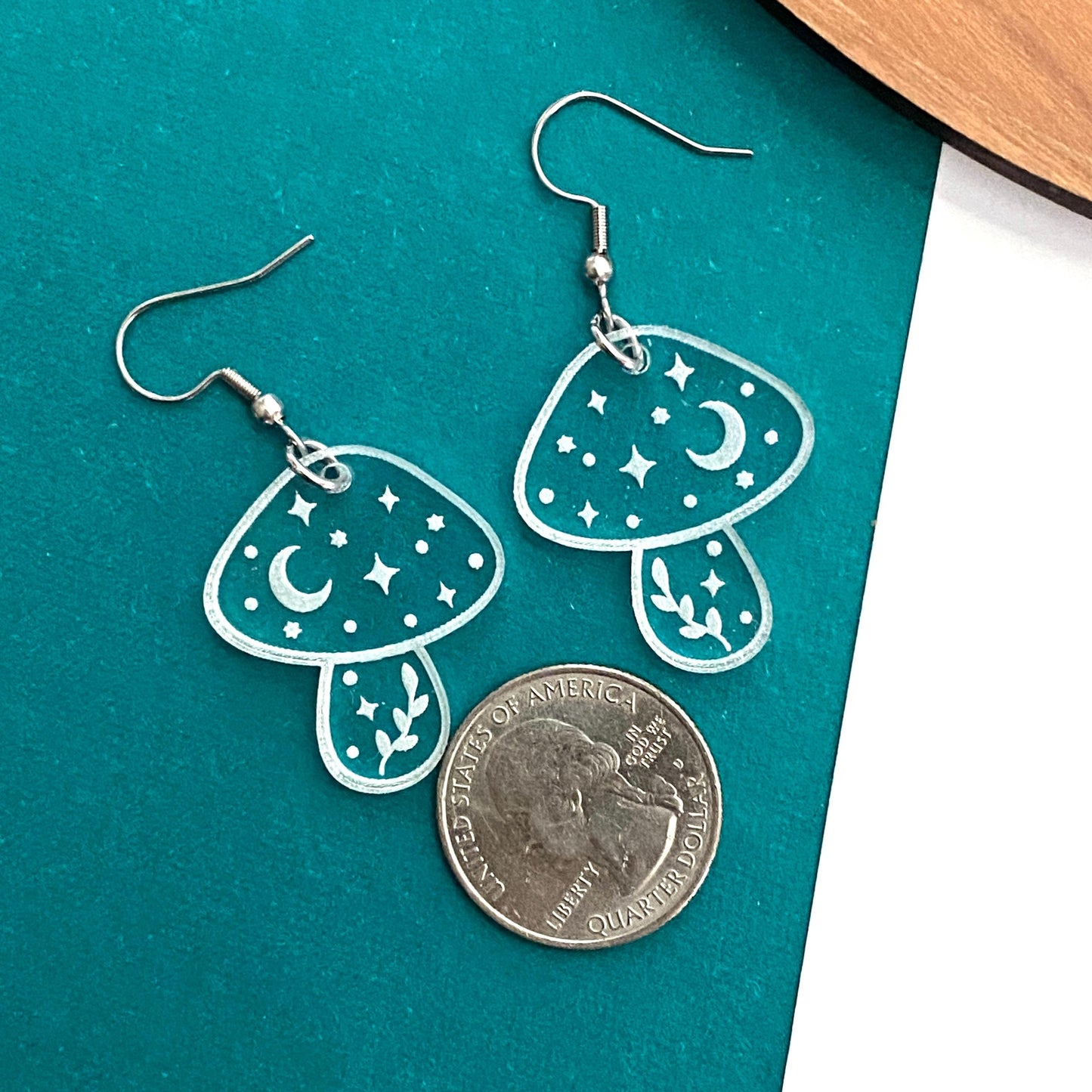 Acrylic Mushroom Earrings, Clear Mushroom Dangles with Celestial Accents, Fun Magic Mushroom Earrings