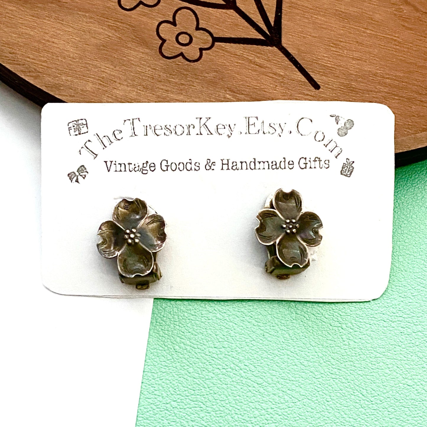 Vintage Clip On Flower Earrings Sterling Silver Dogwood Flowers Signed NYE