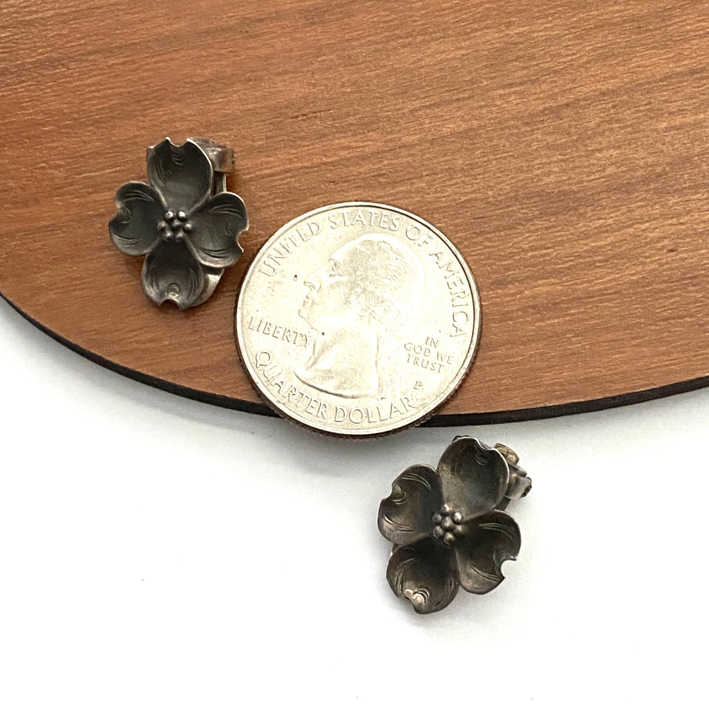 Vintage Clip On Flower Earrings Sterling Silver Dogwood Flowers Signed NYE