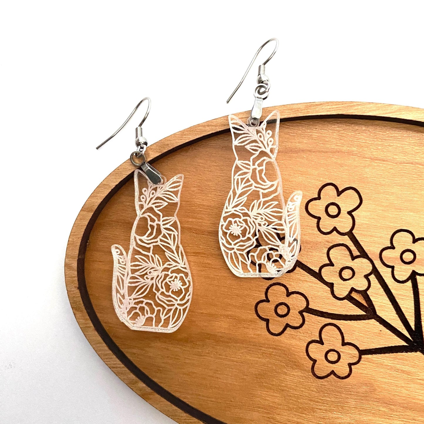 Cute Cat Earrings, Floral Cat Silhouette Dangles For Cat Lovers