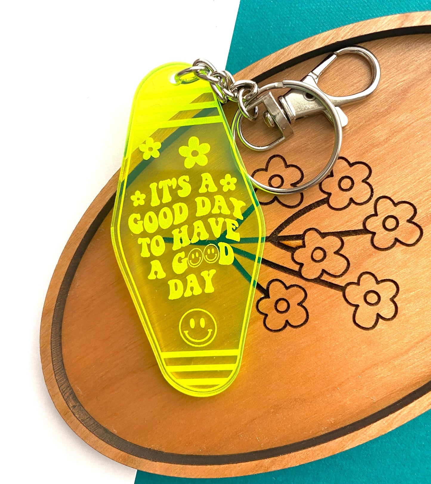 Motel Style Keychain, "It's A Good Day To Have A Good Day" Engraved On Florescent Green Acrylic - Retro Happy Face, Positivity Keychain