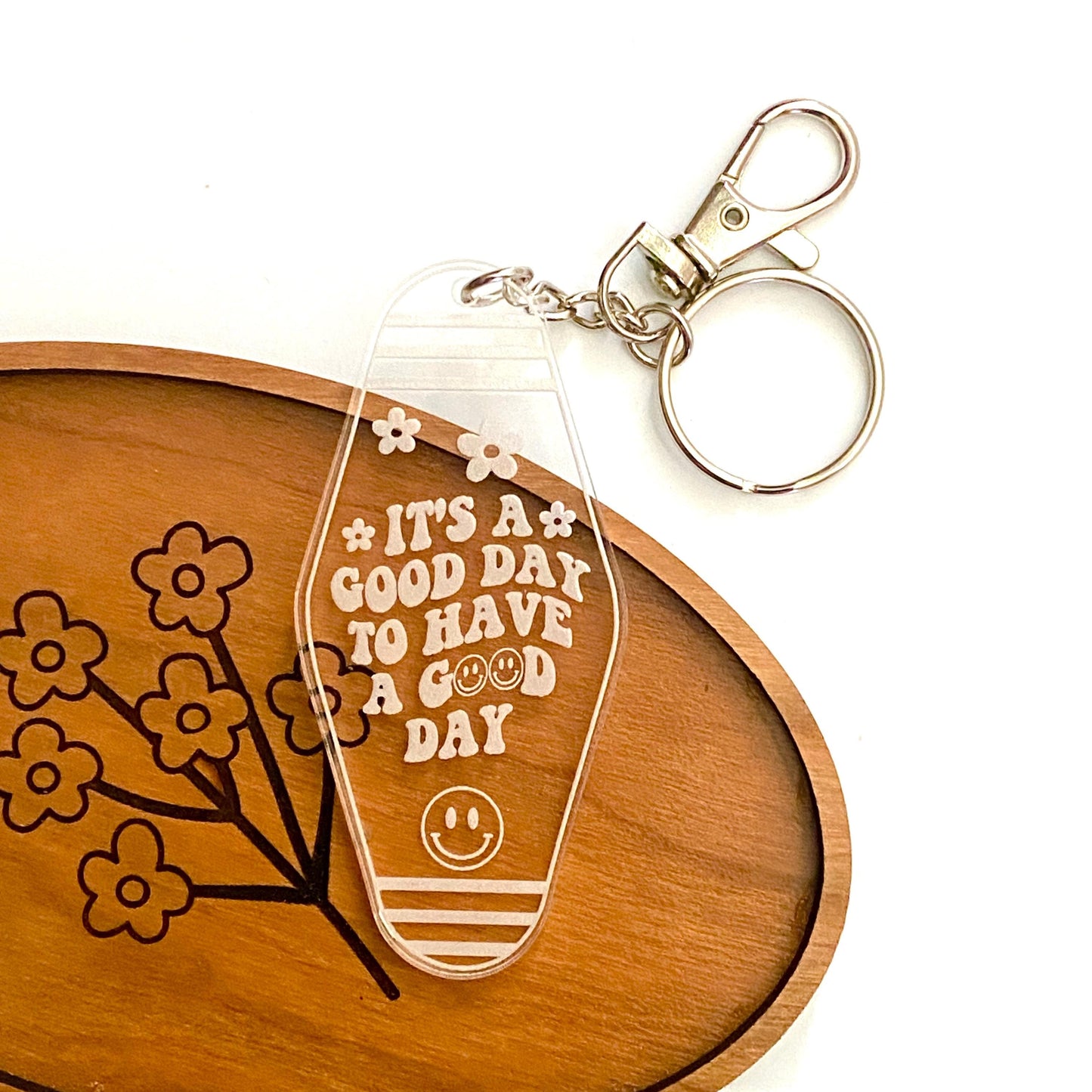 Retro Motel Style Keychain "It's A Good Day To Have A Good Day" Engraved On Clear Acrylic, Cute Positivity Keychain 3"