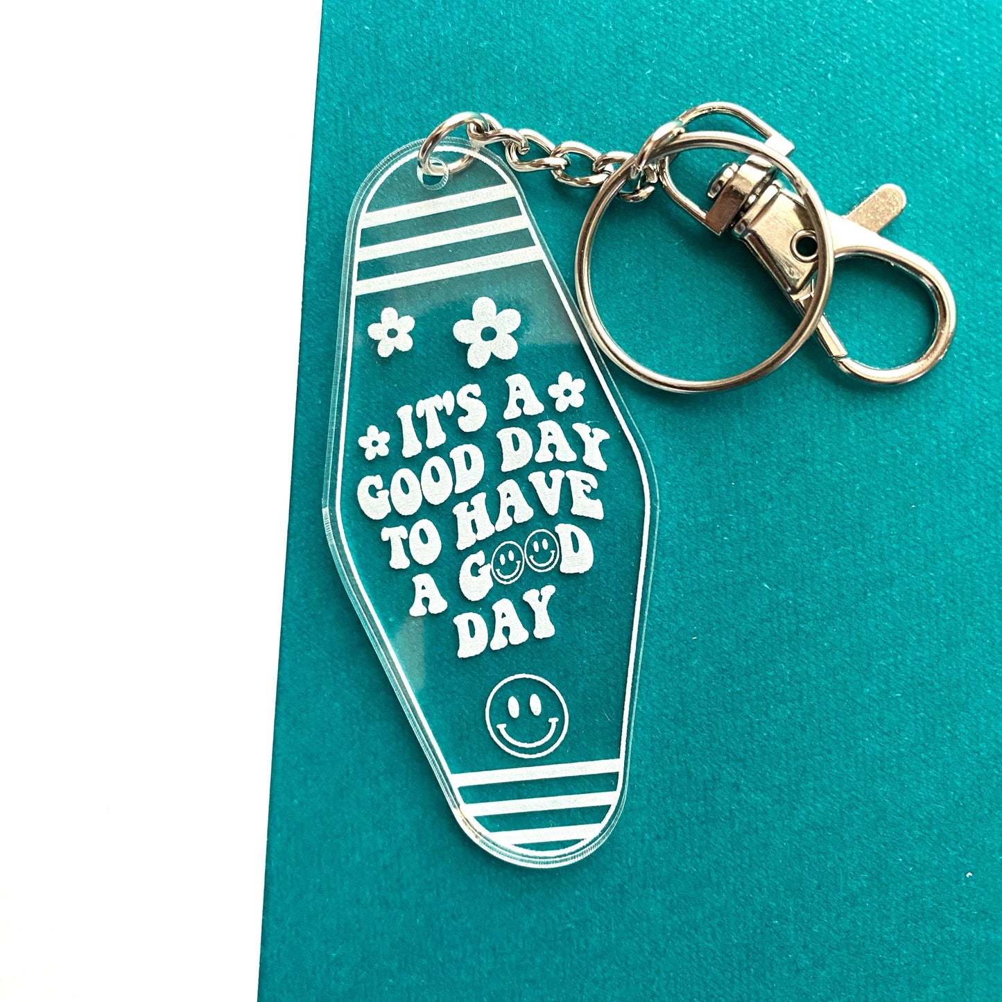 Retro Motel Style Keychain "It's A Good Day To Have A Good Day" Engraved On Clear Acrylic, Cute Positivity Keychain 3"