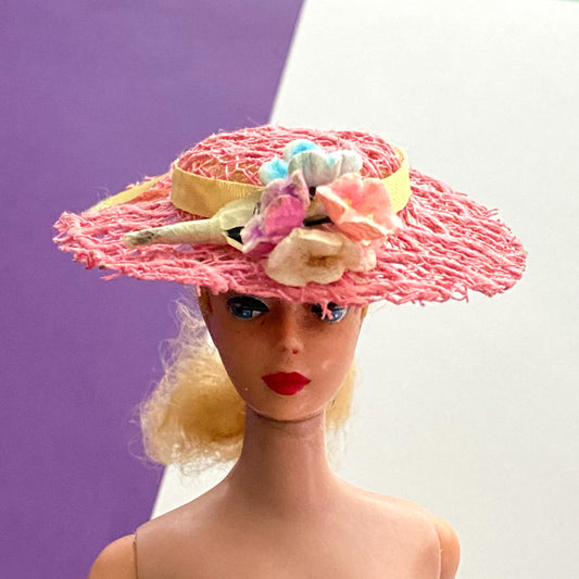 Vintage 1960 Fashion Doll Wendy Hat Pink with Yellow Ribbon & Pink and Blue Flowers