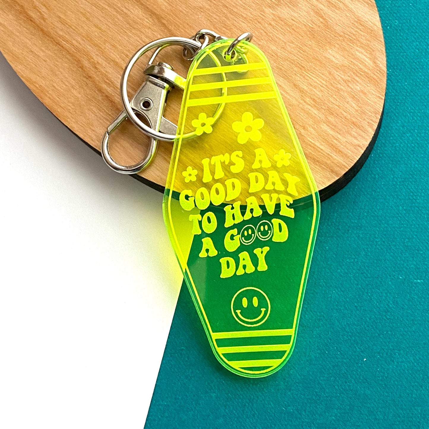 Motel Style Keychain, "It's A Good Day To Have A Good Day" Engraved On Florescent Green Acrylic - Retro Happy Face, Positivity Keychain