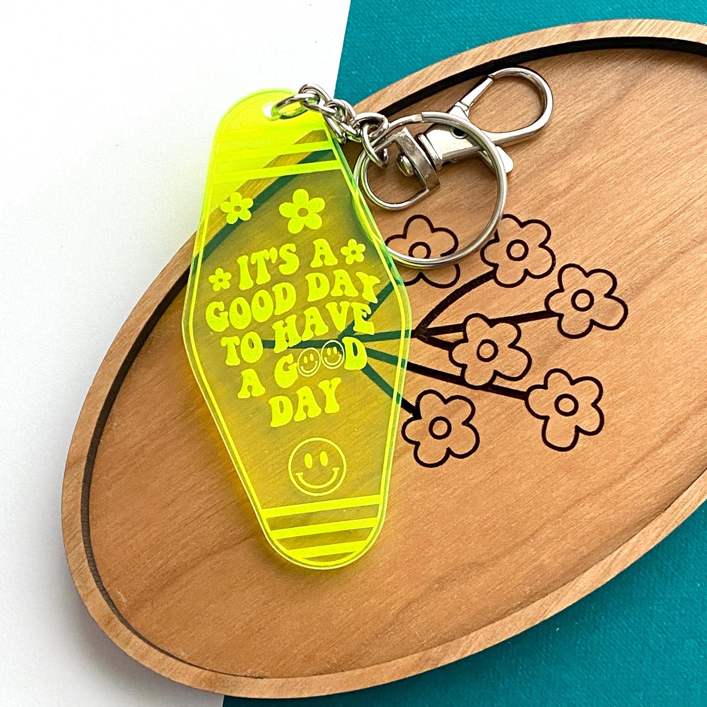 Motel Style Keychain, "It's A Good Day To Have A Good Day" Engraved On Florescent Green Acrylic - Retro Happy Face, Positivity Keychain