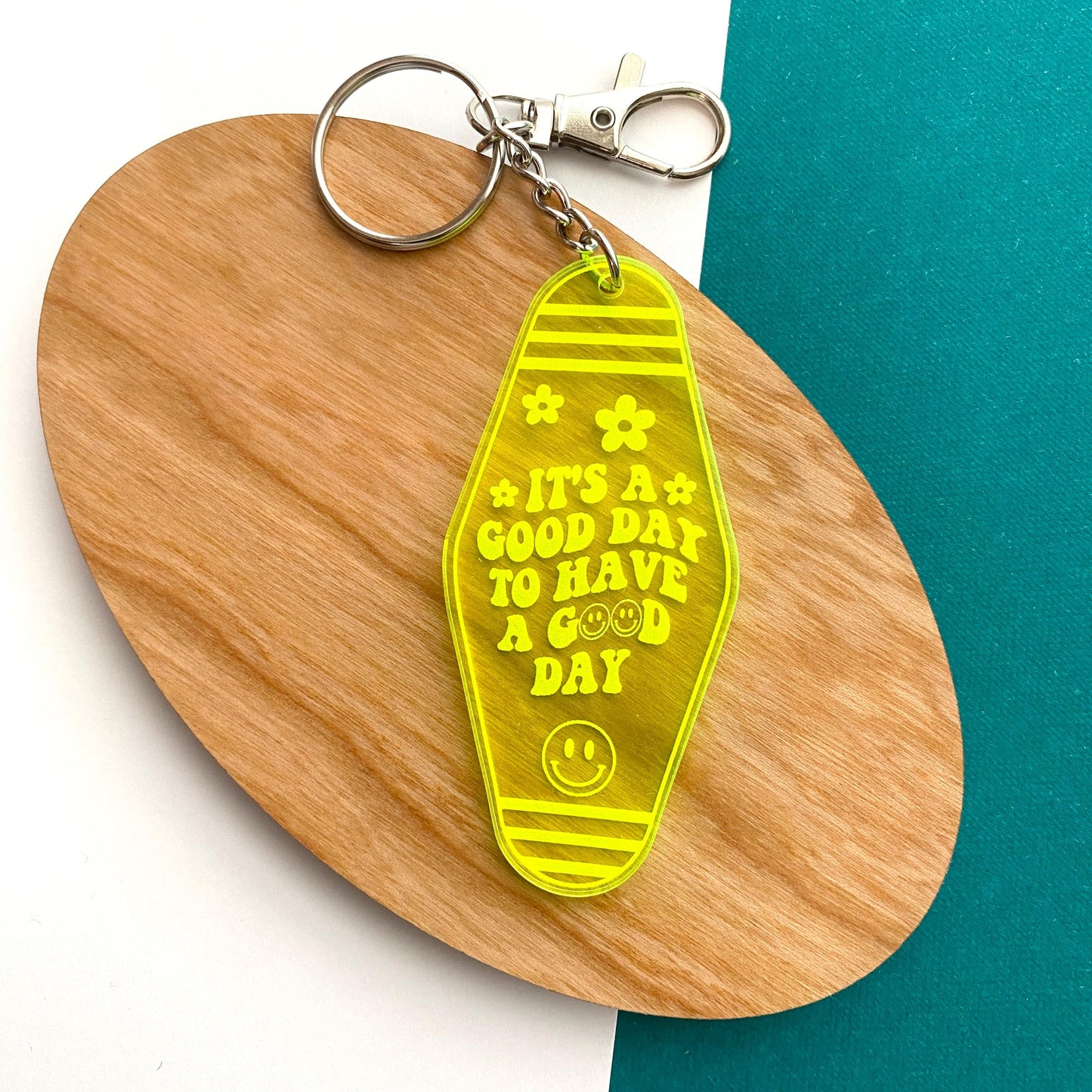 Motel Style Keychain, "It's A Good Day To Have A Good Day" Engraved On Florescent Green Acrylic - Retro Happy Face, Positivity Keychain