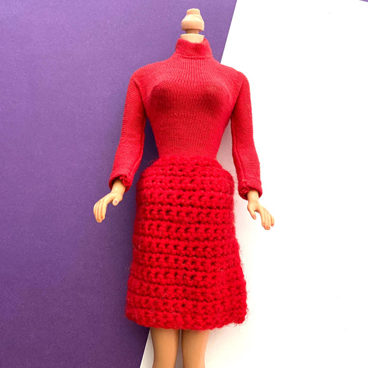 Vintage Barbie Bodysuit Blouse Top #942 with Red Handmade Knit Skirt