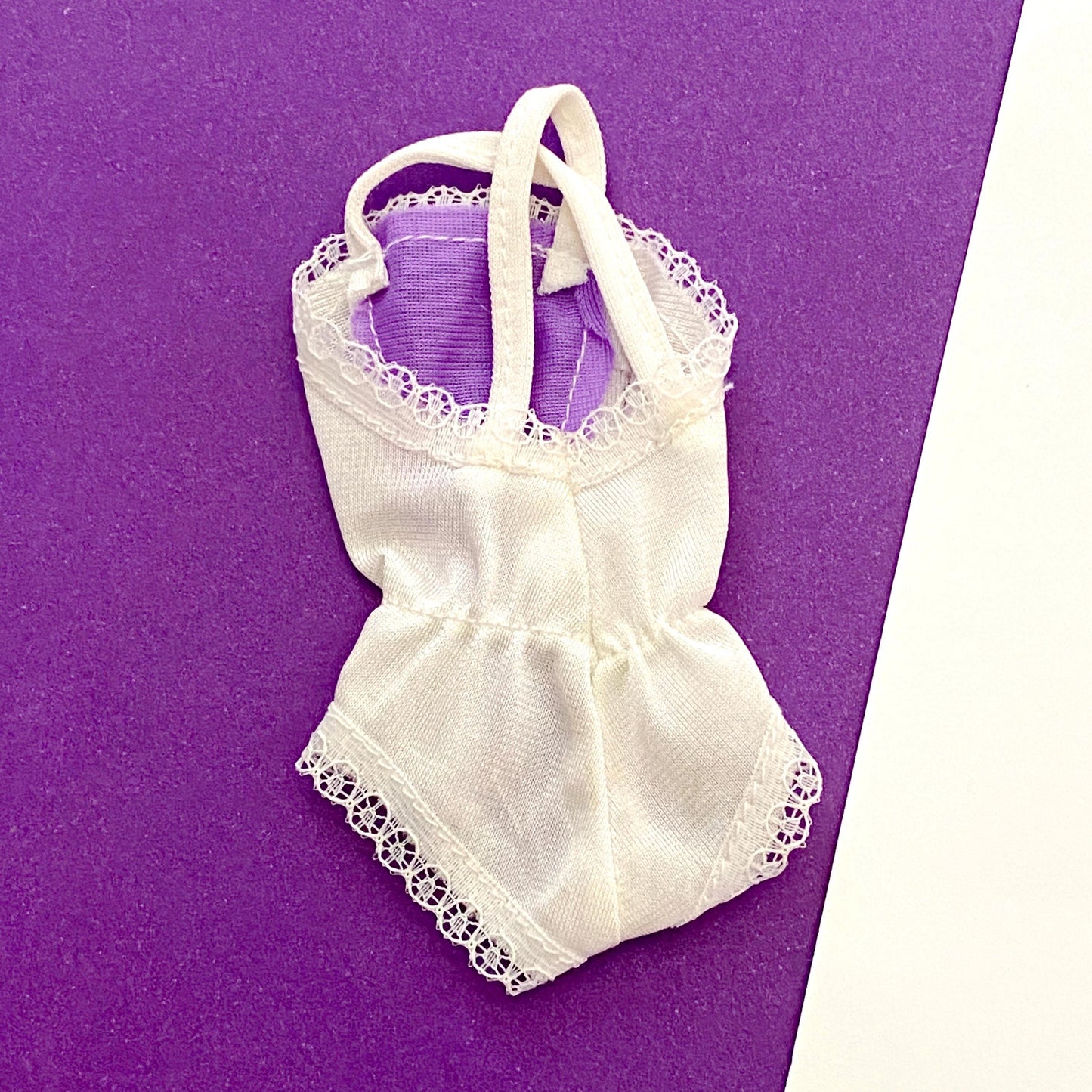 Vintage Barbie One Piece Lingerie Purple & White w Lacey Trim World of Fashion Era, 1980s