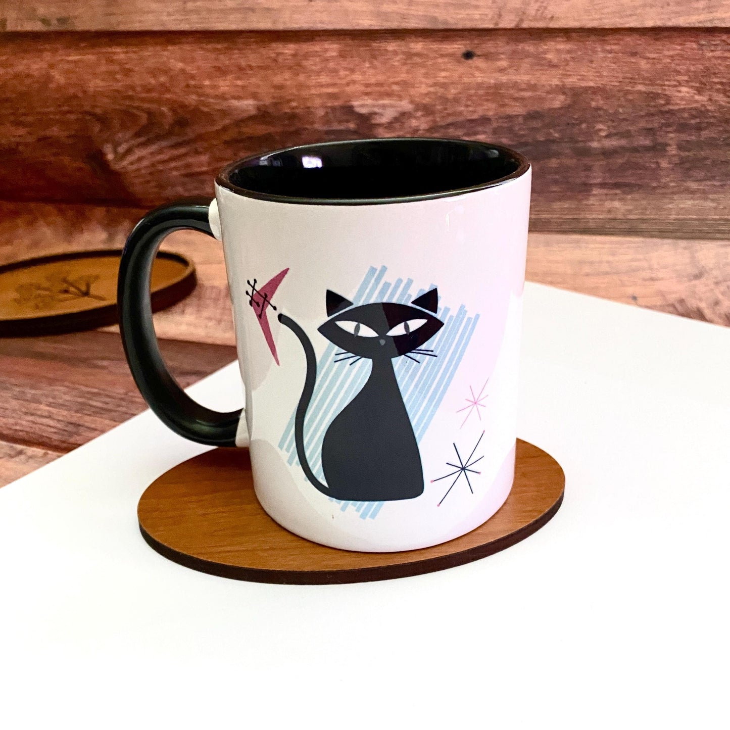 Retro Cat Mug Mid Century Modern Themed Atomic Cat, 11 oz Ceramic Coffee Cup with Black Accent Handle & Interior - Cat Lover Gifts