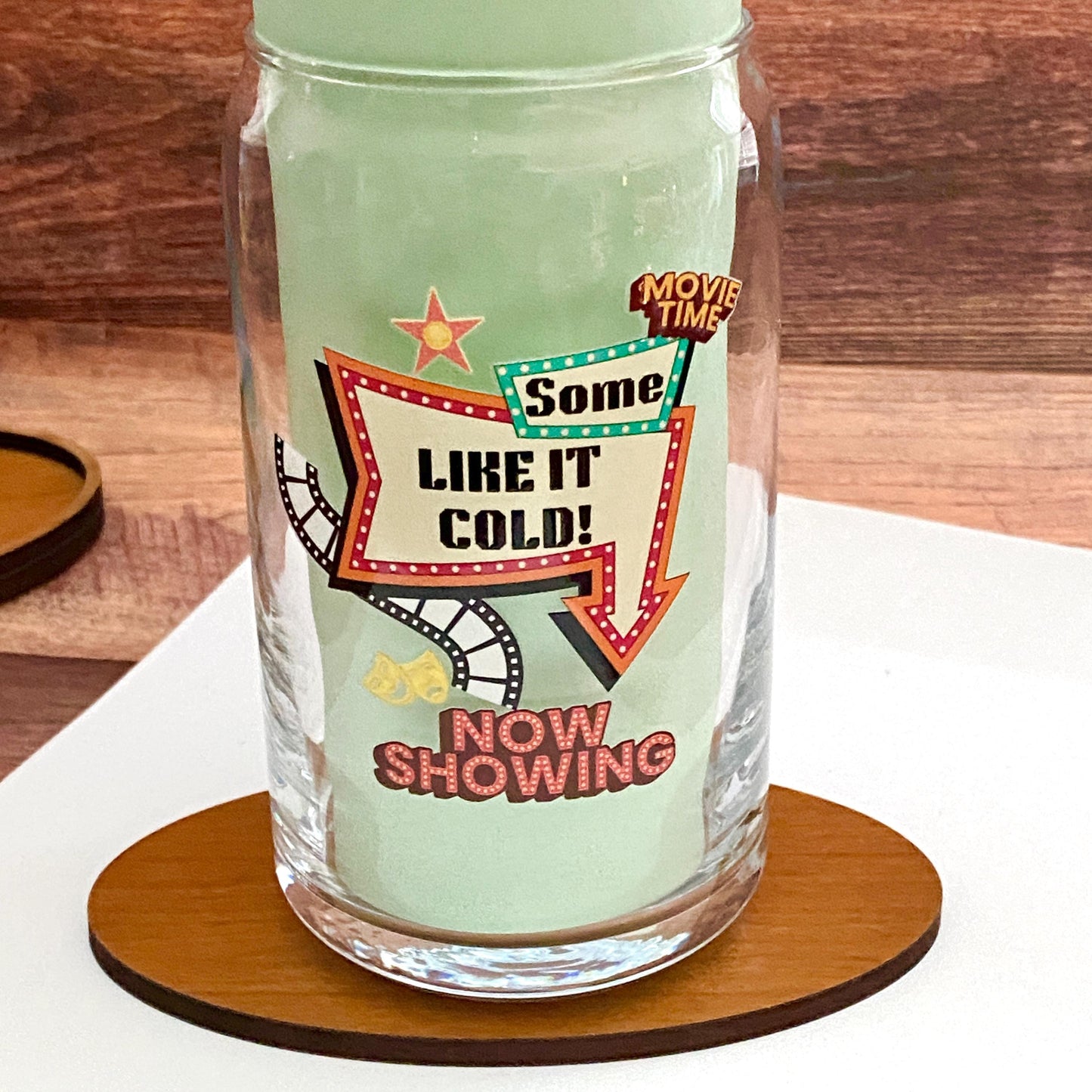 Retro Hollywood Glass Can – “Some Like It Cold” Iced Coffee Glass, Movie Night Cold Drink Cup