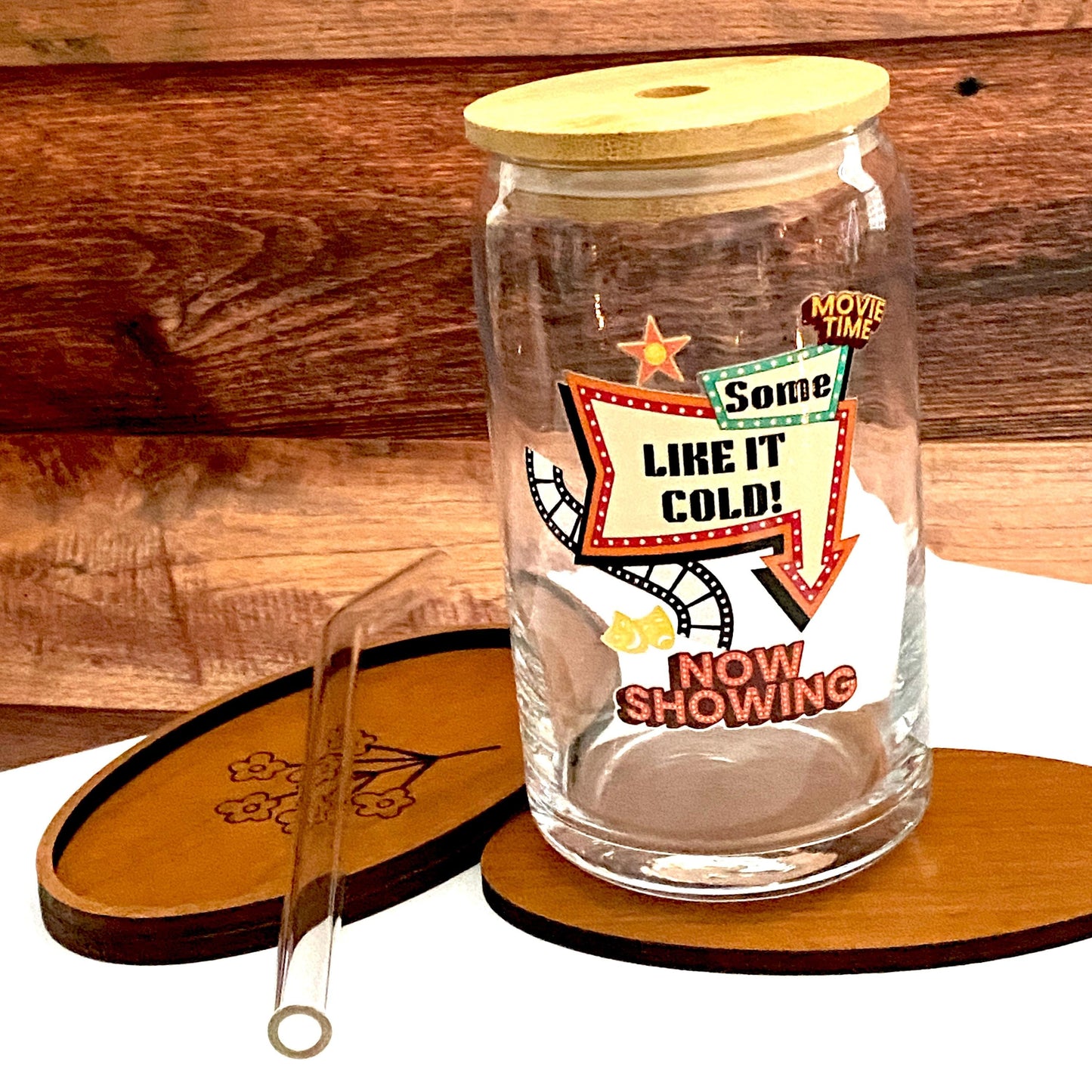 Retro Hollywood Glass Can – “Some Like It Cold” Iced Coffee Glass, Movie Night Cold Drink Cup