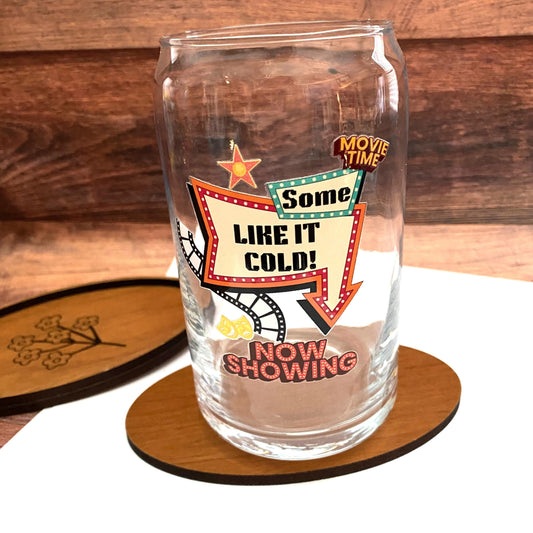 Retro Hollywood Glass Can – “Some Like It Cold” Iced Coffee Glass, Movie Night Cold Drink Cup