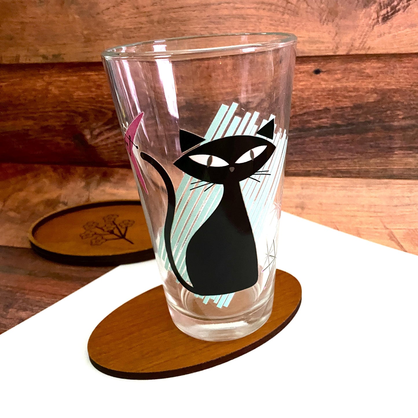 Atomic Cat Themed 16 oz Mixing Glass | Retro Mid-Century Modern Barware | Vintage Inspired Drinkware