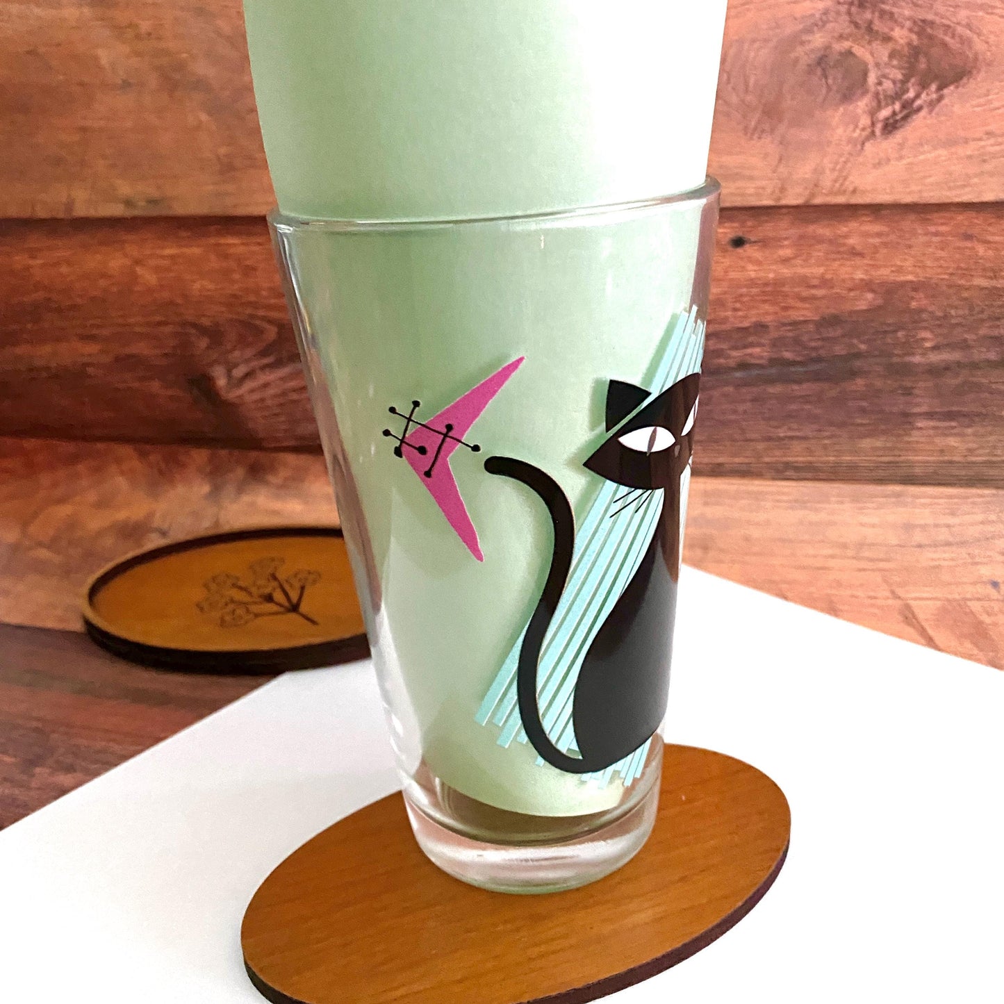 Atomic Cat Themed 16 oz Mixing Glass | Retro Mid-Century Modern Barware | Vintage Inspired Drinkware