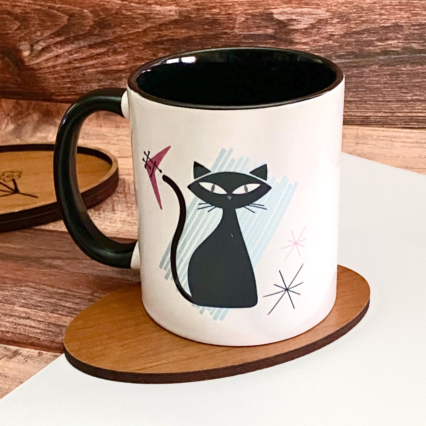 Retro Cat Mug Mid Century Modern Themed Atomic Cat, 11 oz Ceramic Coffee Cup with Black Accent Handle & Interior - Cat Lover Gifts