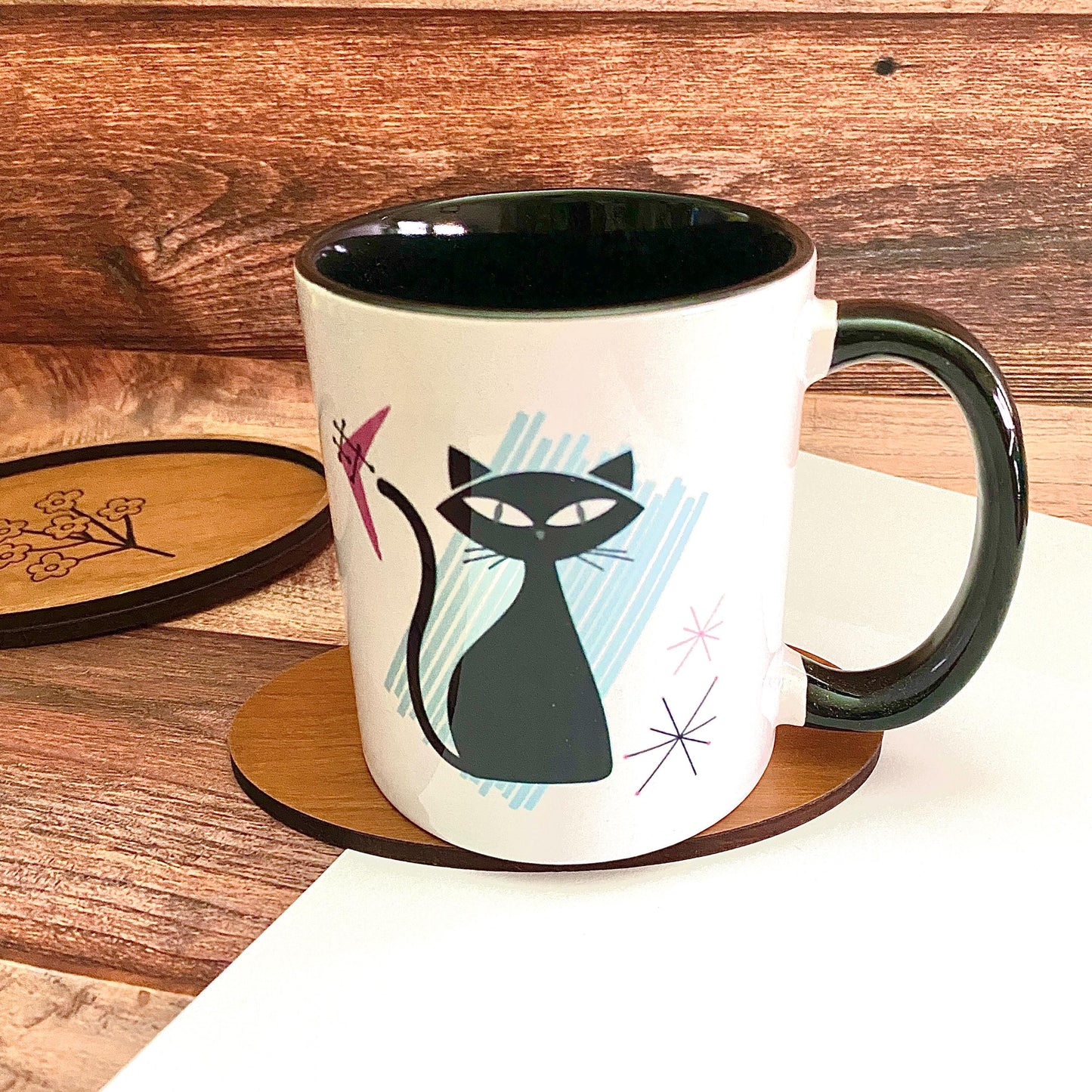 Retro Cat Mug Mid Century Modern Themed Atomic Cat, 11 oz Ceramic Coffee Cup with Black Accent Handle & Interior - Cat Lover Gifts