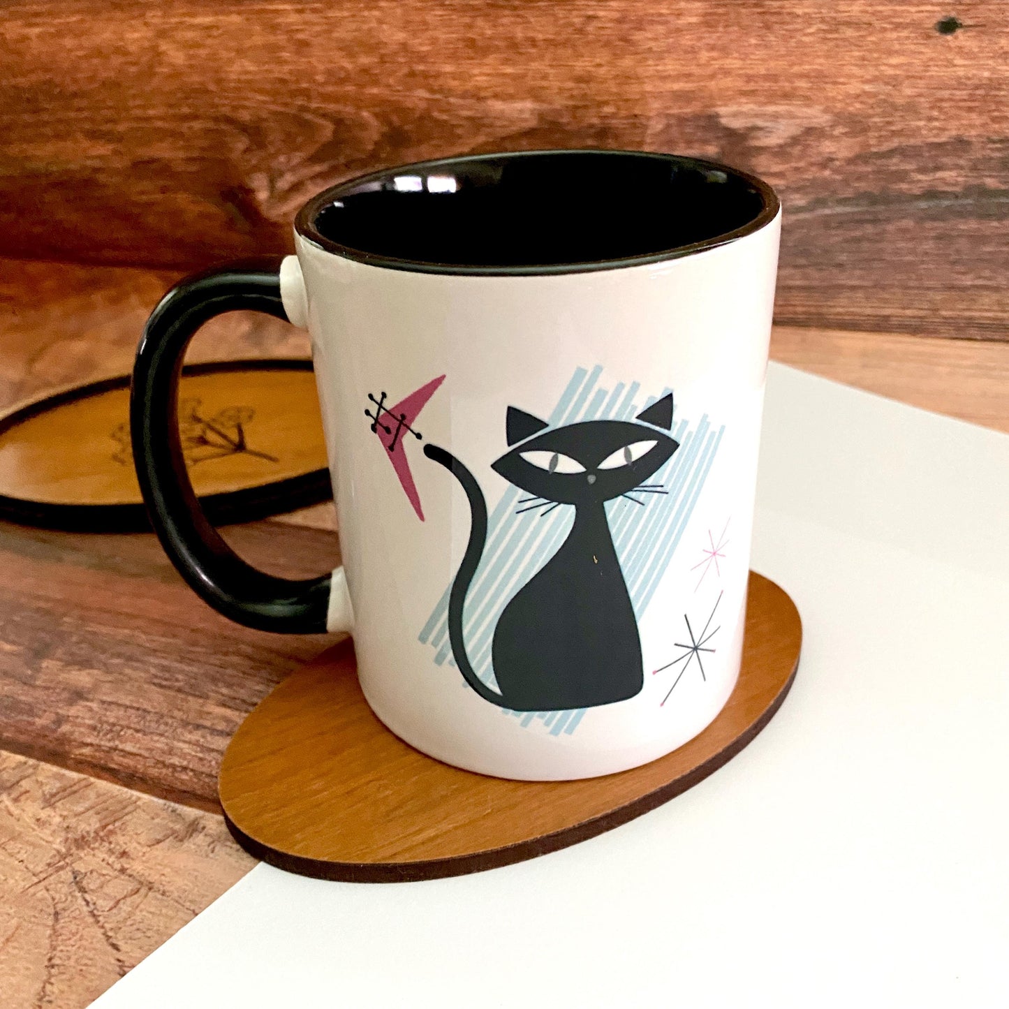 Retro Cat Mug Mid Century Modern Themed Atomic Cat, 11 oz Ceramic Coffee Cup with Black Accent Handle & Interior - Cat Lover Gifts