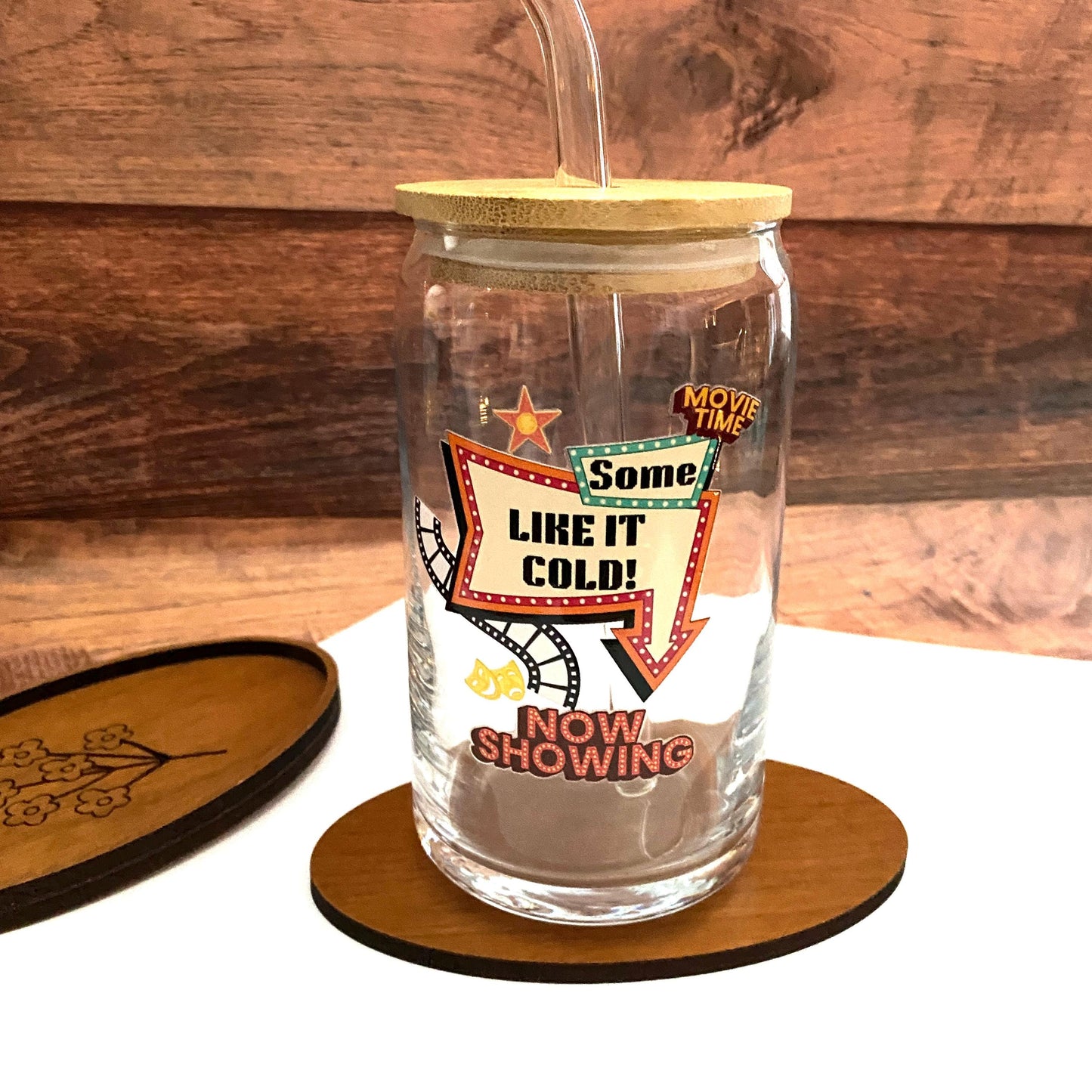 Retro Hollywood Glass Can – “Some Like It Cold” Iced Coffee Glass, Movie Night Cold Drink Cup
