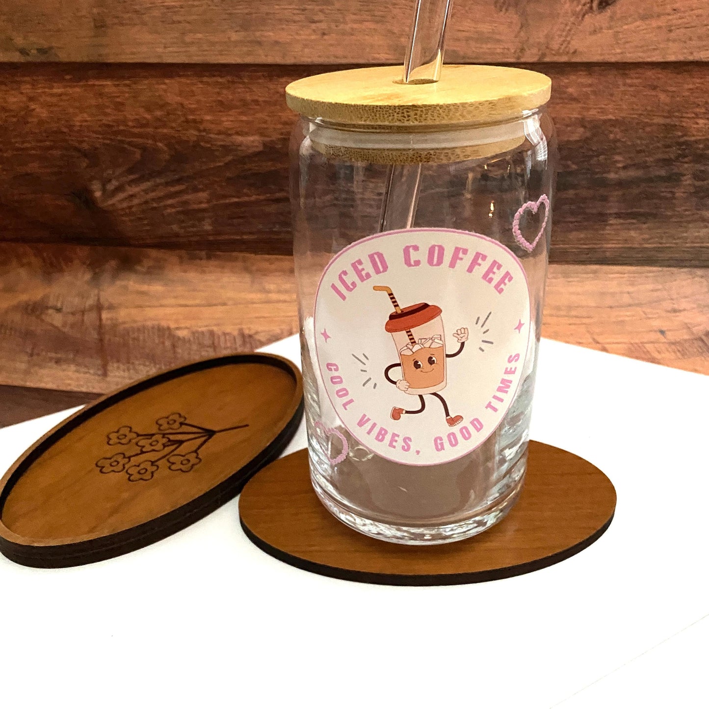 Retro Iced Coffee Glass Can – “Cool Vibes, Good Times” Cute Cartoon Cold Drink Cup