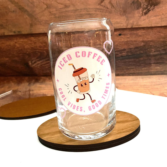 Retro Iced Coffee Glass Can – “Cool Vibes, Good Times” Cute Cartoon Cold Drink Cup