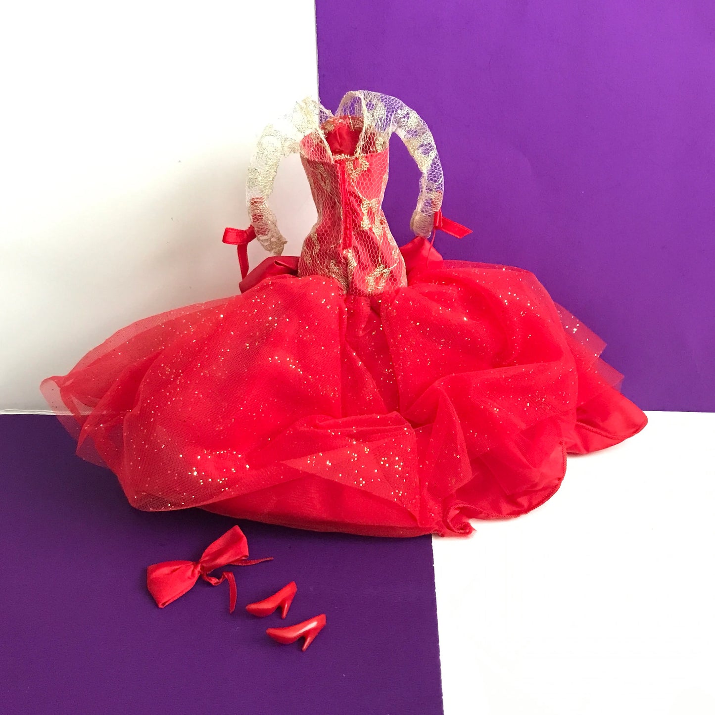 Barbie Ball Gown Radiant In Red Dress with Shoes and Hair Bow 1992, 1990s Barbie Fashions