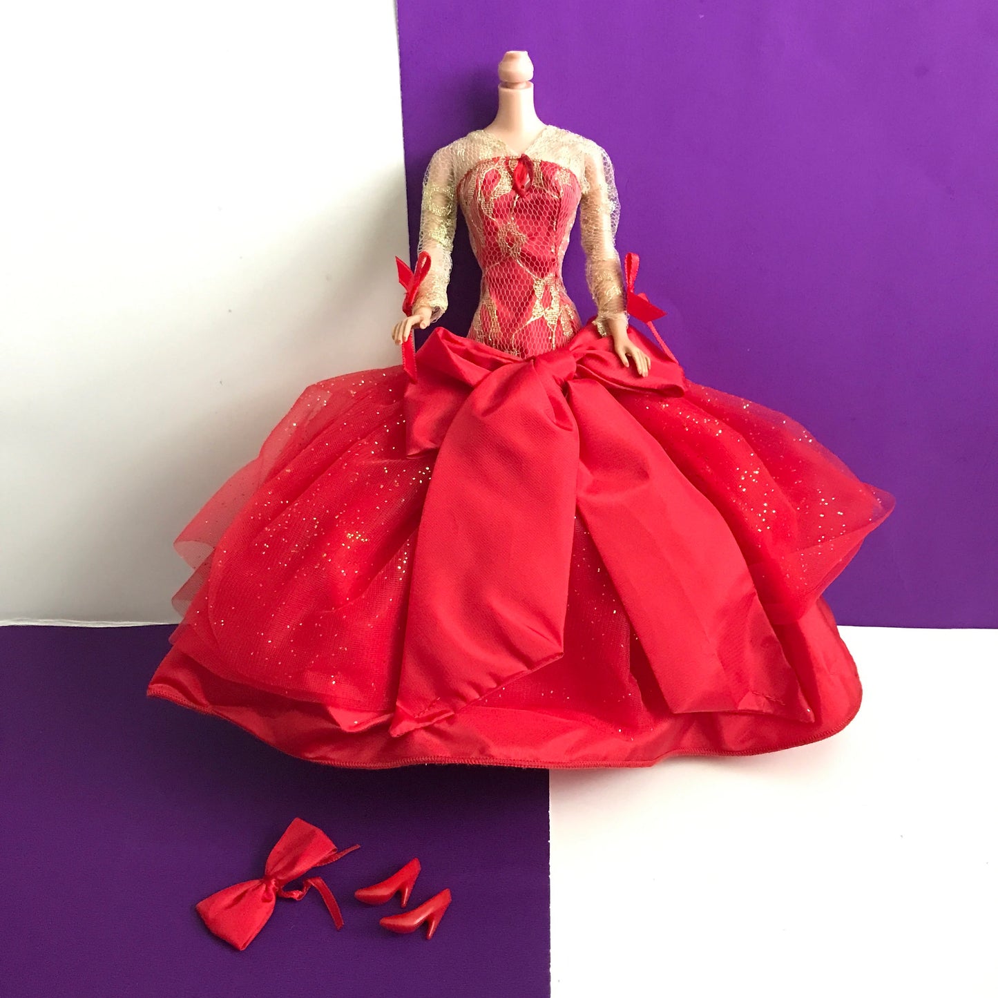 Barbie Ball Gown Radiant In Red Dress with Shoes and Hair Bow 1992, 1990s Barbie Fashions