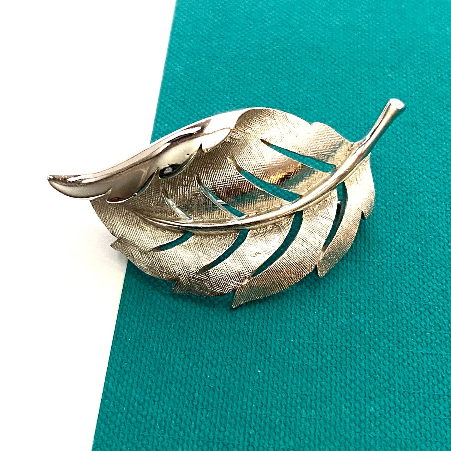 Vintage Leaf Brooch Signed Trifari Crown Silver Tone Brushed Metal