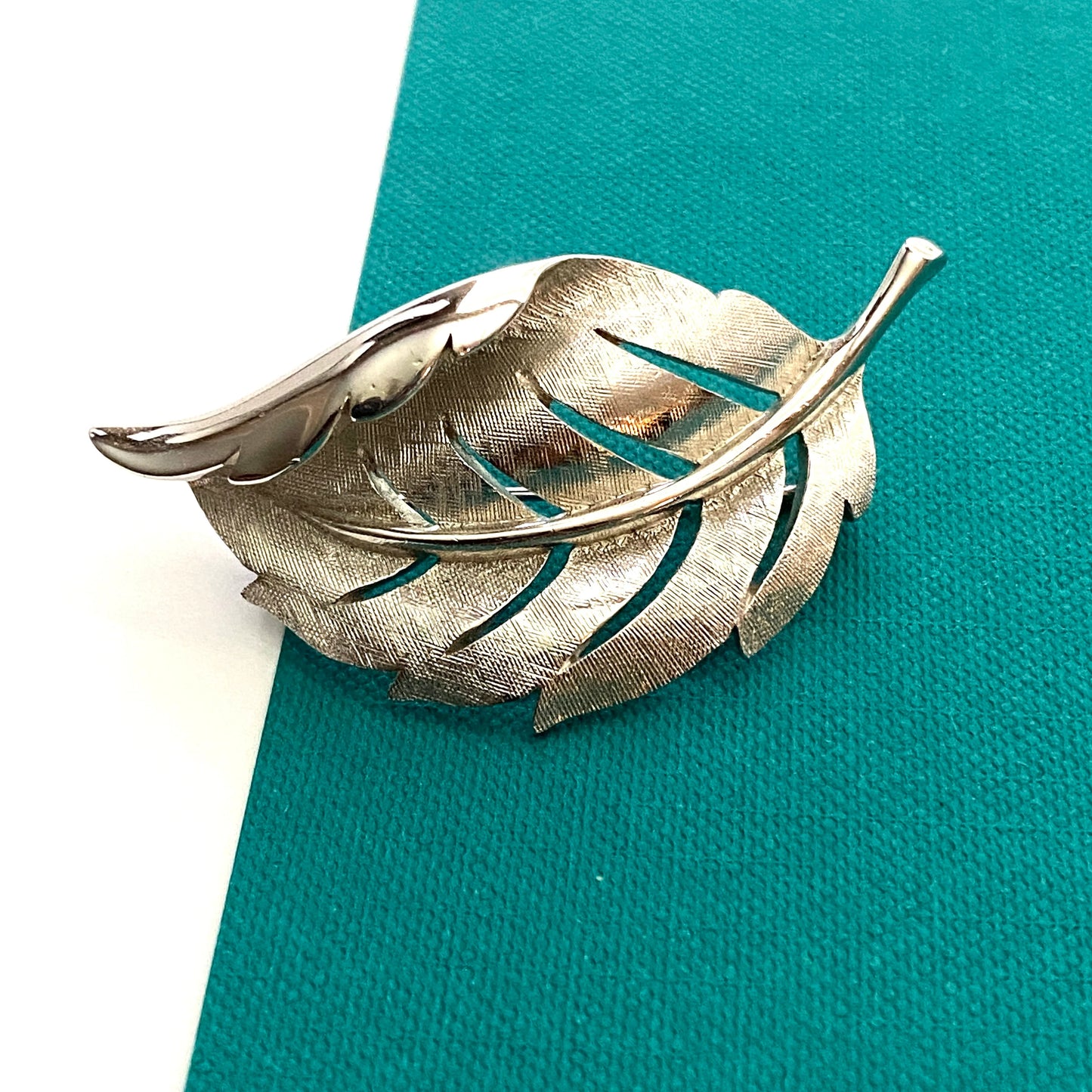 Vintage Leaf Brooch Signed Trifari Crown Silver Tone Brushed Metal