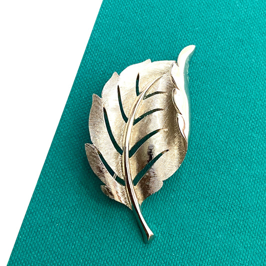 Vintage Leaf Brooch Signed Trifari Crown Silver Tone Brushed Metal