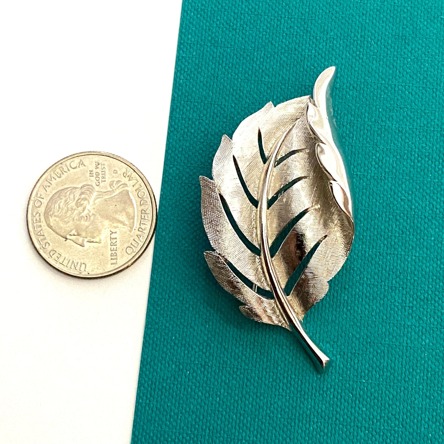 Vintage Leaf Brooch Signed Trifari Crown Silver Tone Brushed Metal